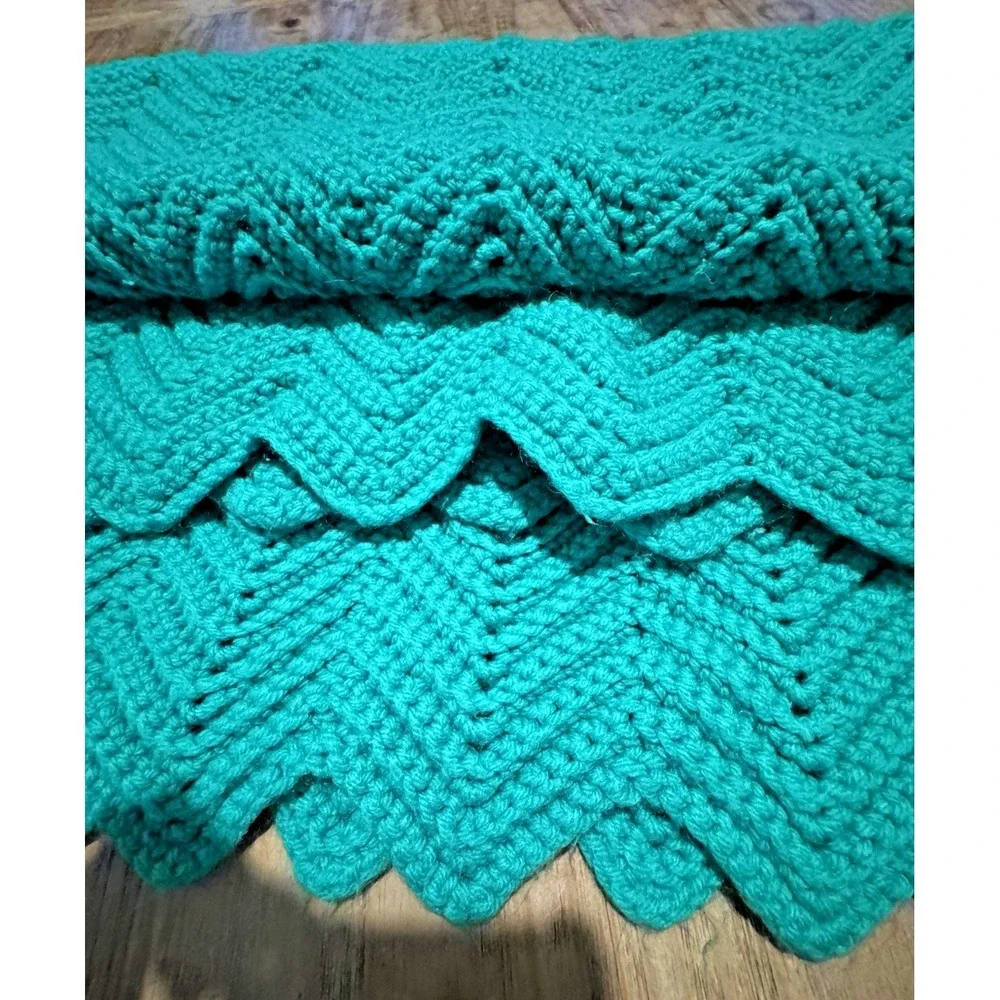 Handmade Crochet Afghan Blanket Green Chevron Ripple Throw 46x44 Soft Cozy Knit